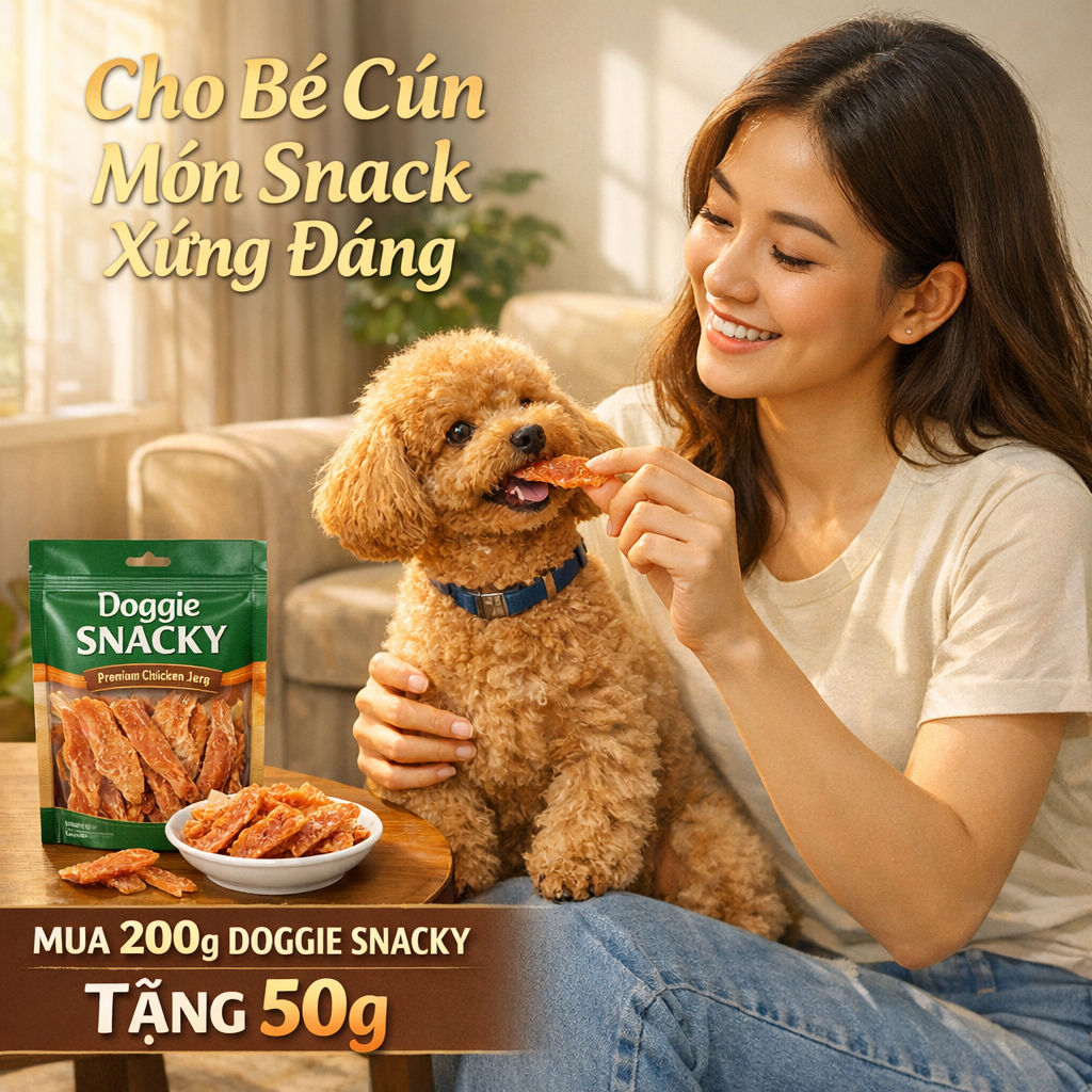 Woman giving a Doggie Snacky treat to a brown toy poodle